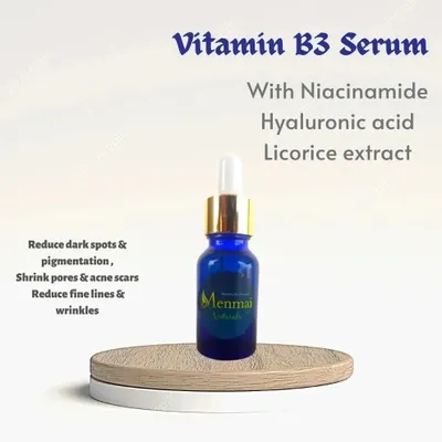 This is my Vitamin B3 Serum, a water-based formula with Niacinamide, Hyaluronic Acid, and Licorice Extract. It's designed to reduce the appearance of pores, treat dark spots and acne scars, and help your skin retain moisture for a clearer complexion.
