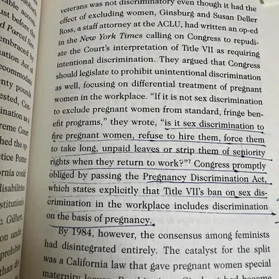 Remembering the immortal wisdom of Ruth Bader Ginsburg. This page from a book on her life highlights her fight against pregnancy discrimination. Her arguments led to the Pregnancy Discrimination Act, a landmark piece of legislation that changed the workplace for women.