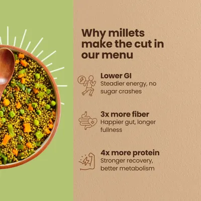 Why We Love Millets: Swapping white rice for millets is a small change with big benefits. Millets offer a lower GI for steadier energy, 3x more fiber for a happier gut, and 4x more protein for better recovery. It's a simple upgrade your body will thank you for.