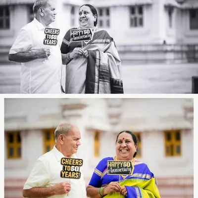 Celebrating 50 golden years. This couple's joy is infectious as they pose with "Happy 50th Anniversary" signs, captured in both color and black and white.