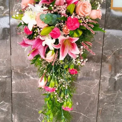A beautiful cascading bridal bouquet I designed. It features a lush combination of pink lilies, peach roses, and delicate baby's breath, creating a romantic and elegant look for the bride.