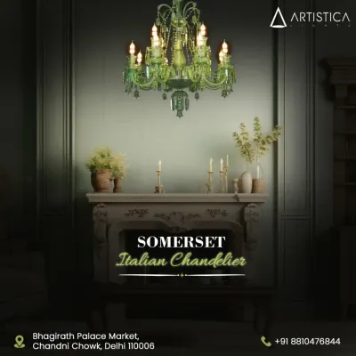 For a touch of classic European artistry, I offer pieces like this Somerset Italian chandelier. The unique green glass and intricate detailing make it a rare masterpiece that adds a bold yet timeless element to any room.