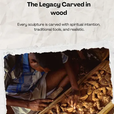 The legacy of our craft is carved by hand, with spiritual intention and traditional tools. This image captures one of our master artisans deeply focused on his work, chiseling fine details into a large panel.