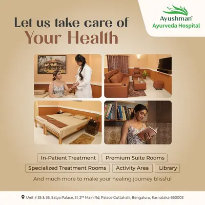 This collage offers a glimpse into our fully-fledged Ayurvedic hospital in Guttahalli. It showcases our premium facilities, including in-patient treatment rooms, comfortable suite rooms, and a library, all designed to make your healing journey blissful.