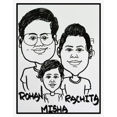 A fun family caricature, capturing the smiles of Rohan, Rachita, and little Misha. We can draw individuals, couples, or whole families.