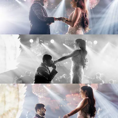 A collage of Harshit and Kritika's romantic stage performance, capturing the proposal and dance in both color and black and white.