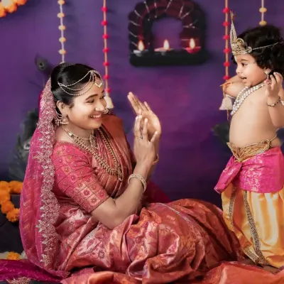We were honored to create this special themed portrait of a mother and son as Yashoda and Krishna. We work with you to get the costumes, setup, and mood just right for your creative ideas.