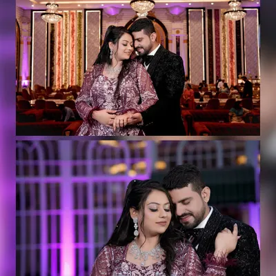 An intimate collage of the couple, Tanya and Sahil, lost in each other's embrace during their engagement celebration.