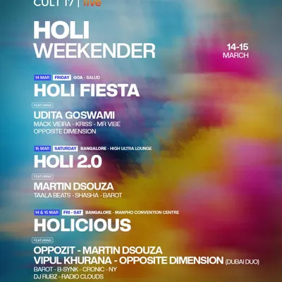 Our Holi Weekender poster, showcasing a multi-day, multi-city takeover. We produce simultaneous Holi events in Bangalore and Goa, featuring distinct lineups and experiences under one festival brand.
