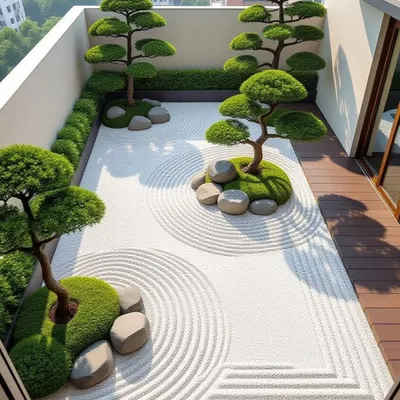 A stunning example of a rooftop Zen garden. This design uses meticulously raked white sand, carefully placed rocks, and sculpted bonsai trees to create a space of pure tranquility and minimalist beauty.