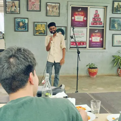 A shot from our Sunday afternoon lunch show, where guests enjoy their meal while a comedian entertains them. The setting is casual, fun, and filled with laughter.