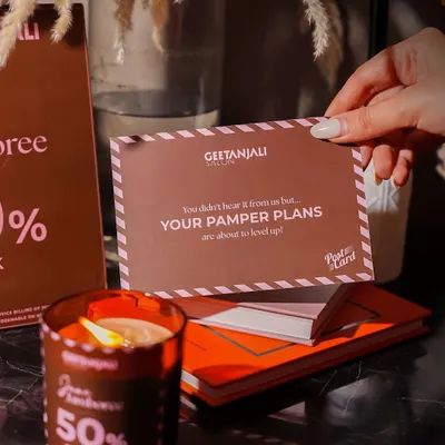 Your pamper plans are about to level up. This postcard announces our June Jamboree offer, giving clients 50% cash back on their favorite services because looking fabulous should always pay off.