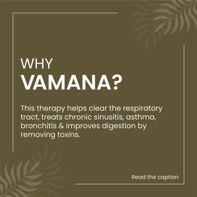 Why Vamana? This graphic explains the purpose of Vamana therapy, a key Panchakarma procedure. It is a powerful detoxification process that helps clear the respiratory tract, treat chronic conditions like sinusitis and asthma, and improve digestion by removing Kapha-related toxins.
