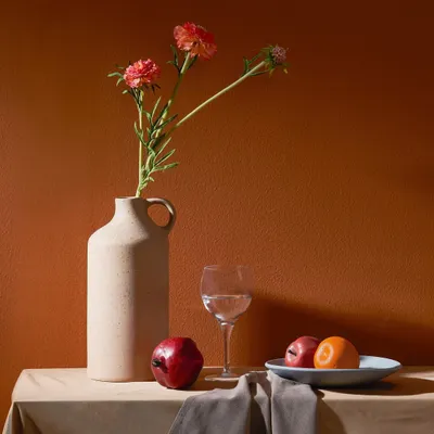 A still life composition for a desert-inspired decor collection. The warm, earthy tones of the vase and wall are complemented by the fresh fruit, creating a balanced and artistic shot.
