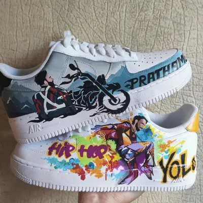 This was a super personal piece for a client, reflecting his two biggest passions: hip hop dance and bike rides. I used two different styles and color palettes on each shoe to represent his dual personalities. One side is calm and cool like 'pahad and chai', the other is explosive and colorful.