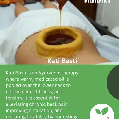 This is a close-up of the Kati Basti therapy. Warm, medicated oil is pooled over the lower back within a dough dam to alleviate chronic back pain, improve circulation, and restore spinal flexibility by nourishing the nerves and muscles.