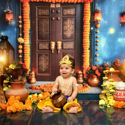 Capturing the divine innocence of a baby Krishna. This Janmashtami theme features traditional elements like matkas, marigolds, and a beautiful night sky backdrop.
