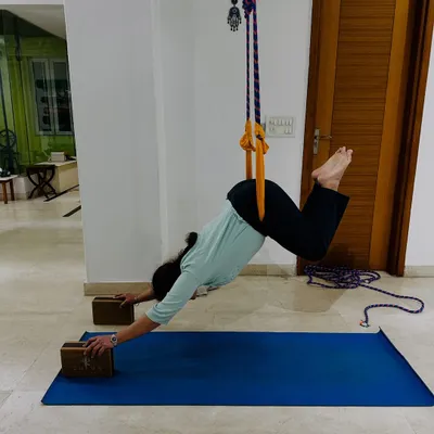 Wall ropes can transform your practice. Here, a student uses the ropes to decompress the spine and open the shoulders in a supported version of Downward-Facing Dog, making the pose more therapeutic.