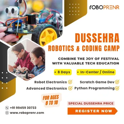 Announcing our Dussehra Robotics & Coding Camp. This 8-day program, available online or in-center, combines the joy of the festival with valuable tech education in electronics, Scratch, and Python.