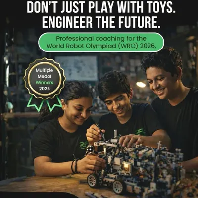 Don't just play with toys, engineer the future. This graphic promotes our professional coaching for the World Robot Olympiad (WRO) 2026, highlighting our track record as multiple medal winners.