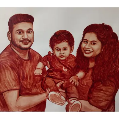 A beautiful blood portrait of a young family. This 16x24 inch painting captures the parents holding their child, creating a priceless memory.