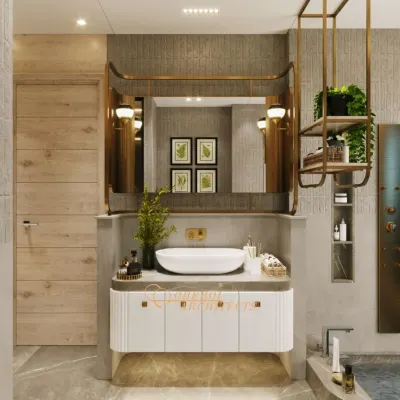 This vanity area combines a sleek white basin with a custom-designed mirror and brass-finished shelving, creating a look that is both modern and timeless.
