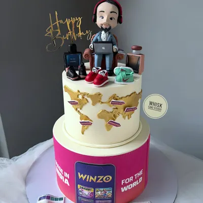 A special cake for a co-founder, featuring a figurine modeled on him and his favorite things. We specialize in creating these highly detailed corporate and personal gift cakes.