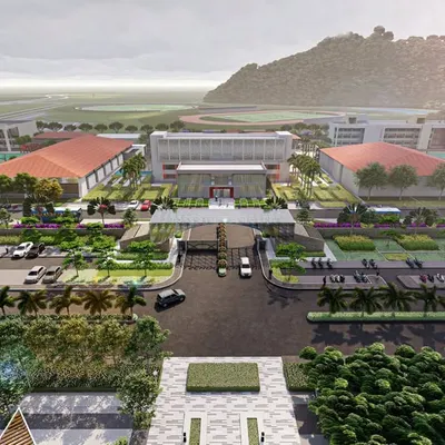 An aerial master plan rendering of the 150-acre UNACCO School in Chanung, Manipur, envisioned as the largest sports residential school in India.