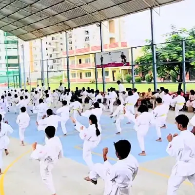 A wide view of our court filled with students for a Karate grading exam, organized by the All India Martial Arts Academy.