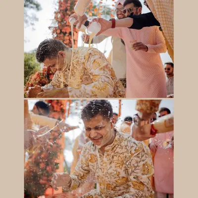 A collage showing the groom getting drenched in milk and turmeric during a lively Haldi ceremony at The Oberoi Udaivilas.