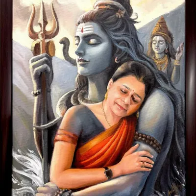 A custom spiritual portrait for a client, depicting her in the embrace of Lord Shiva. These paintings are deeply personal and I work to capture the feeling of devotion and peace.
