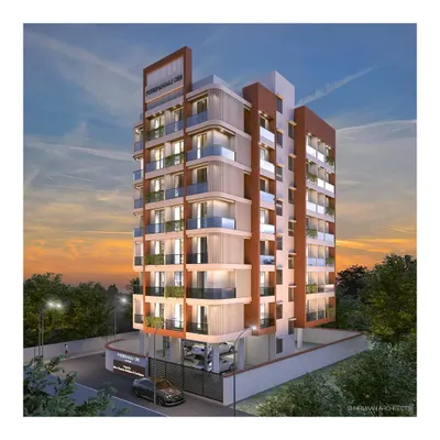 An evening view rendering of a residential building in Panvel. We use lighting in our facade designs to highlight architectural features and create a striking presence after dark.