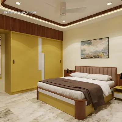 This bedroom design uses a warm palette of mustard yellow and rich wood tones to create a cheerful and inviting atmosphere. The sliding wardrobe with a modern white accent provides ample storage, while the cove lighting in the ceiling adds a soft, ambient glow.