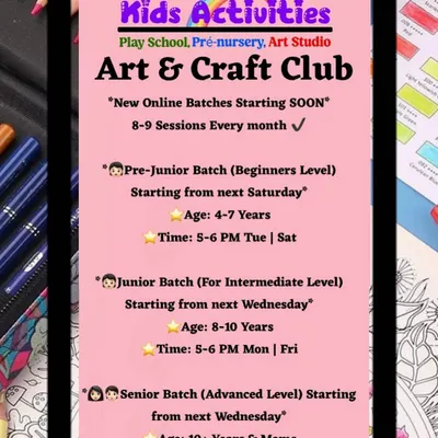 My online Art & Craft Club offers structured learning for different age groups. This schedule details the Pre-Junior, Junior, and Senior batches, with specific timings and levels from beginner to advanced, making art accessible from home.