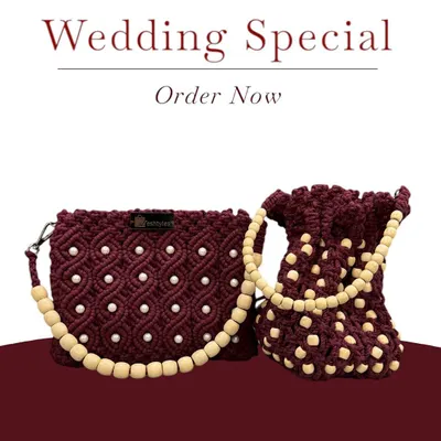 My wedding special collection! Featuring a maroon clutch with pearl work and a matching potli bag with a wooden bead handle.
