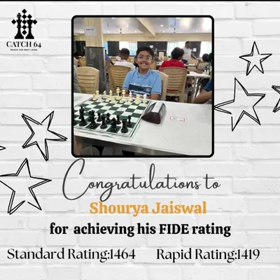 Congratulations to Shourya Jaiswal on achieving both his Standard FIDE rating of 1464 and Rapid rating of 1419. This is a significant milestone in his chess journey.