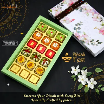 Sweeten your Diwali with our Celebrations Sweet Box. This image showcases a beautiful light green box filled with an assortment of handcrafted Indian sweets, including motichoor ladoo, kaju katli, and other festive delicacies.