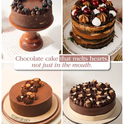 A collage celebrating my love for chocolate cake. From rich ganache and fresh berries to crunchy nuts and caramel, each one is designed to melt hearts.