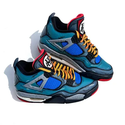 Here's a full look at the custom Dragon Ball Z Air Jordan 4s. I gave them a cartoony, sketchy feel to match the anime art style, with a muted teal and blue colorway and a pop of red. The details on these are just insane.