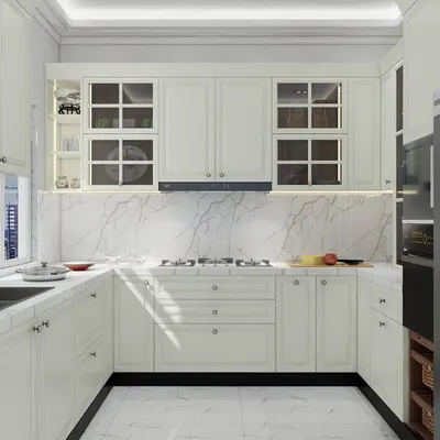 A 3D render of a classic U-shaped kitchen in all-white. This design features glass-paneled upper cabinets, a marble-patterned backsplash, and traditional hardware, creating a bright and airy feel.