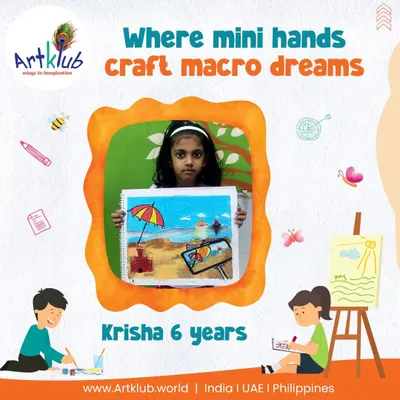 Nothing makes us happier than seeing a child's pride in their own creation. Here, 6-year-old Krisha proudly displays her colorful beach scene, a perfect example of how we help our youngest artists turn their big ideas into beautiful art. Our goal is to build confidence and a lifelong love for creativity.