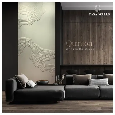 Our "Quinton" wall panel, with its flowing, cloud-like textures, brings a sense of calm and dreaminess to this living space. Paired with a dark, modern sofa, the panel becomes the room's main artistic feature, proving that walls can be art.