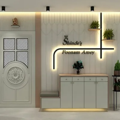 A 3D design for an entrance, showcasing a custom nameplate, a shoe cabinet with seating, and elegant wall paneling. This is where the planning for a beautiful home begins.
