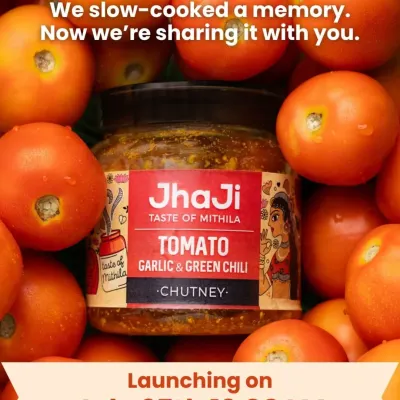 We have slow-cooked a memory and are now sharing it with you. This Tomato Garlic & Green Chili Chutney is a recipe that my sister Ranjana started making in the 90s. It's a taste that has traveled from Godda to Darbhanga, and now to your plate.