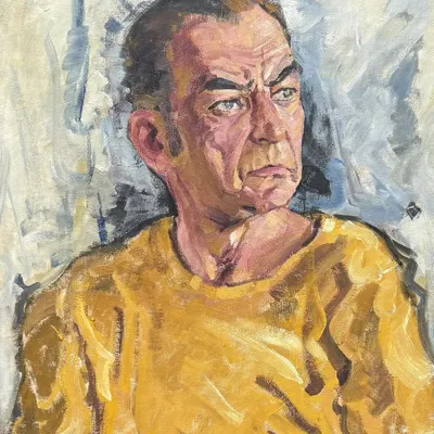 A powerful portrait of the artist Bondarenko Nikolay Ignatievich, painted by Vidya Bhushan. This piece was part of a retrospective that explored Bhushan's artistic journey and his friendships.