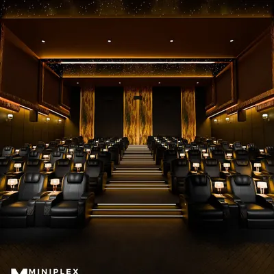 A view of a luxury multiplex I designed. It features a galaxy ceiling, individual lamps for each seat, and premium recliners to offer a truly high-end cinema experience.
