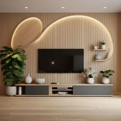This creative TV wall unit uses fluted wood paneling with a gracefully curved accent piece that incorporates display shelves. The organic shape and warm wood tones create a soft, natural focal point in the room.