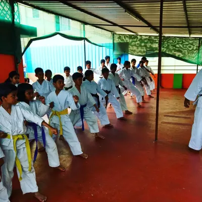 A typical kids' karate class in session. Students are lined up practicing their fundamental techniques, learning the importance of synchronized movement, discipline, and respect for their fellow practitioners.