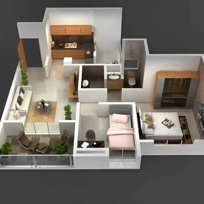 A 3D floor plan of a 2BHK apartment, providing a clear overview of the layout and furniture placement. This visualization helps clients understand the spatial flow and functionality of our design before implementation.