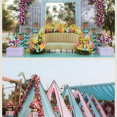 A look at the pastel-themed Haldi decor, featuring colorful drapes and a beautiful floral stage.